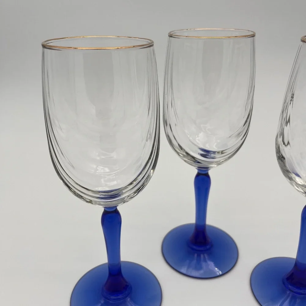 3 Vintage Wine Glasses Cobalt Blue Stem Gold Rim Optic Swirl Clear Bowl Set